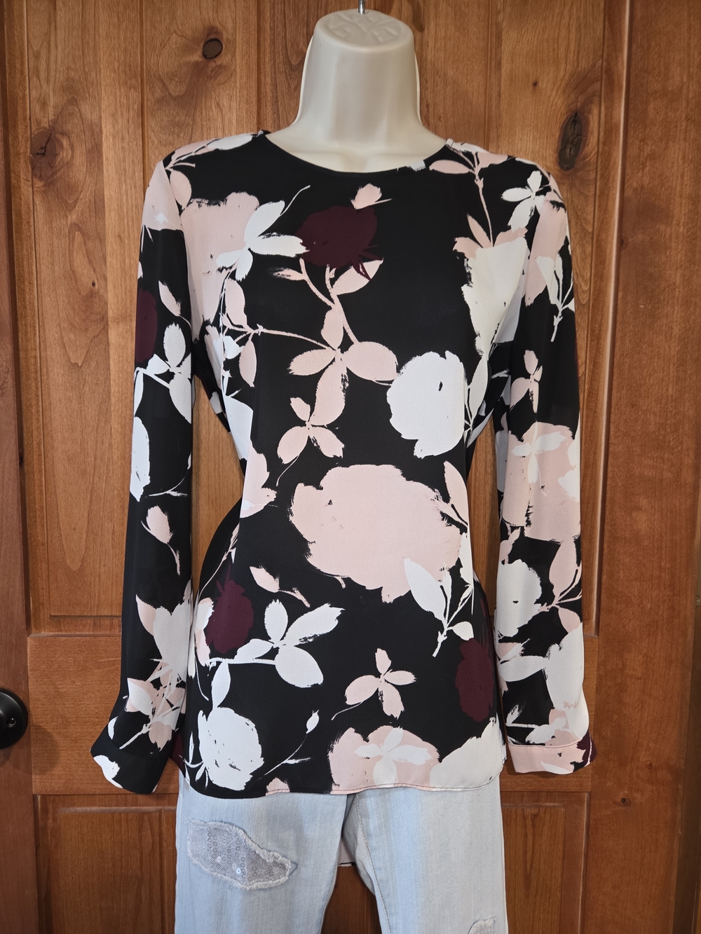 Vince‎ Camuto Black Long-Sleeve Floral Blouse with Pink, White & Maroon Accents